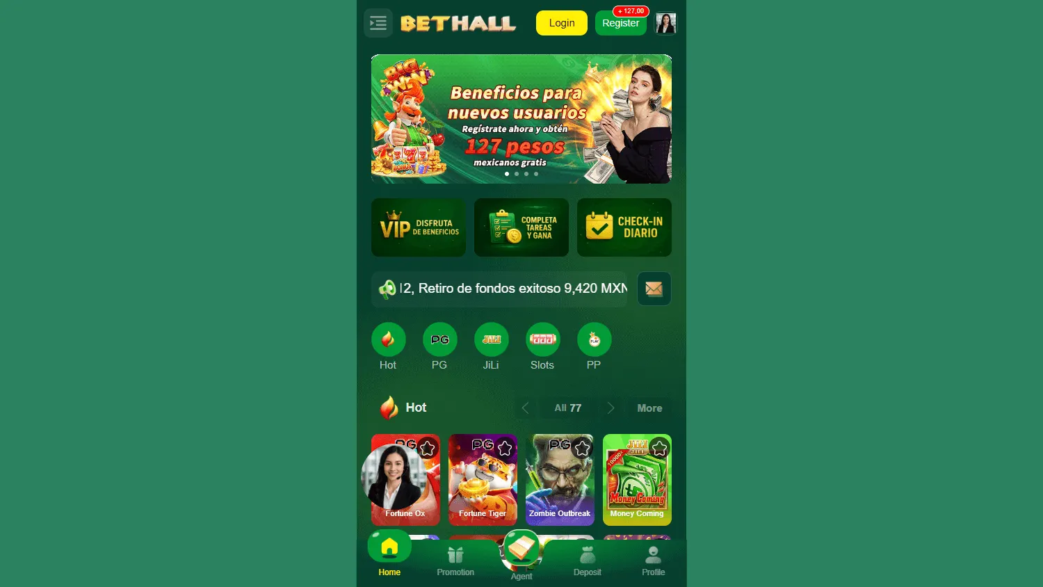 Bethall Casino desktop home experience with casino, live games and sportsbook access